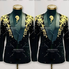 Black Velvet Men's Suit with Gold Embroidery Beaded Prom Blazer Hosting 2Pcs