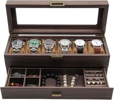 Watch Box 6 Slots w/ Drawer, Watch Holder 2-Layer Watch Display Case, Wood Grain