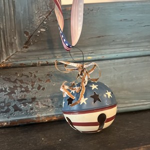 Vintage Red White Blue Rustic Patriotic Metal Jingle Bell Christmas Ornament