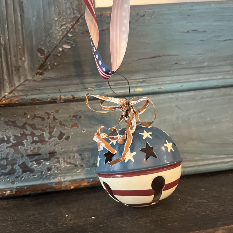 Vintage Red White Blue Rustic Patriotic Metal Jingle Bell Christmas Ornament