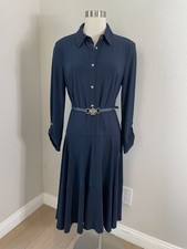 NEW Tommy Hilfiger Womens 12 Navy Belted Long Sleeve Midi Dress Stretch
