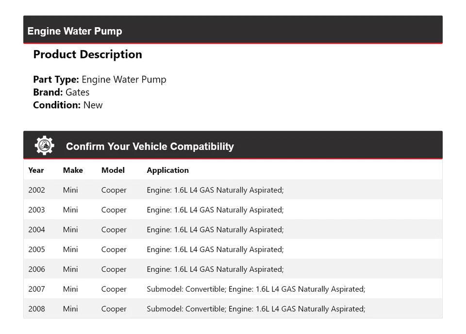 Puertas de bomba de agua para motor Mini Cooper 2002-2008 2003 2004 2005 2006 2007 Foto 2 de 4