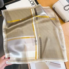 100% Mulberry Silk 20'' Small Scarf Women Neckerchief Wrap White Yellow Stripe