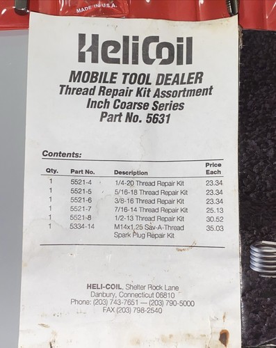 Helicoil Mobile Tool Dealer Thread Repair Kit Coarse Inch Series #5631 Metal Box - Picture 6 of 13