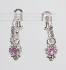 925 Sterling Silver Pink Cubic Zirconia Dangle Hoop Hoops Earrings 29mm - 6.8g