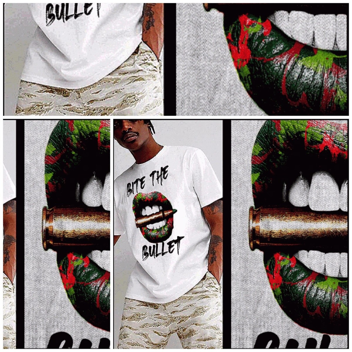 black red and green lips graphi c Hip Hop T-shirt NYC Streetwear Urban 90s Underground Rap Brooklyn camo Green Lips Biting Posters for
