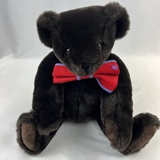 Vtg Vermont Teddy Bear Company Fully Jointed Dark Chocolate Brown Red Tie 16"