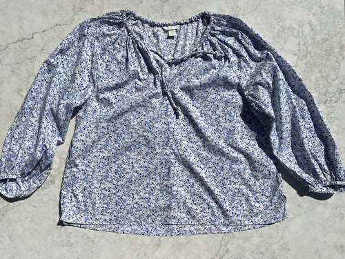 HM Multicolor Floral Balloon Sleeve Neck Self Tie Drawstring Peasant Top XL - Picture 3 of 9