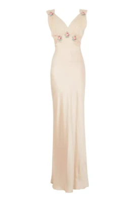 Topshop Nude Peach Silk Floral Embroidered Maxi Long Sleeveless Dress Size 6 New