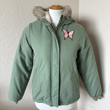 OshKosh B'gosh, Olive Green Pink Sherpa Lined Faux Fur Hood Girls Size 14 Jacket