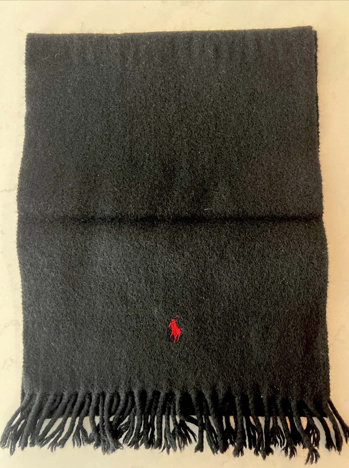 Polo Ralph Lauren 100% Lambswool Scarf Black Made in Scoland. Embroidered. 10x55