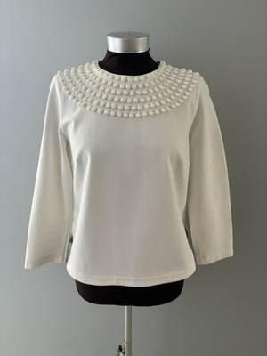 AKRIS Punto Ivory Textured Appliqué Neckline Knit Top 3/4 Sleeve US 10