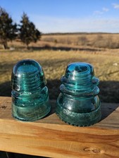 Set Of 2 Glass Insulator Pole Caps, Hemingray 42 Teal Blue Green Made In USA