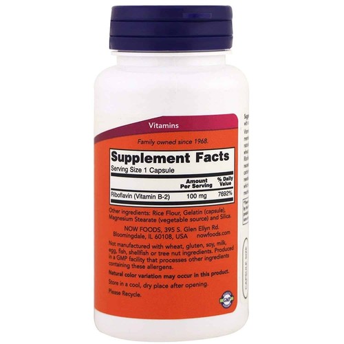 NOW FOODS Vitamin B2 100mg (Vitamin B2, Riboflavin) 100 Kapseln - Bild 2 von 4