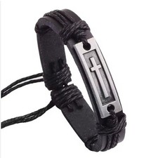 Unique Cross-Design Men Cuff Bracelet Genuine Leather Black
