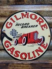 VINTAGE GILMORE PORCELAIN SIGN RACING CAR GASOLINE STATION SERVICE PUMP PLATE 12