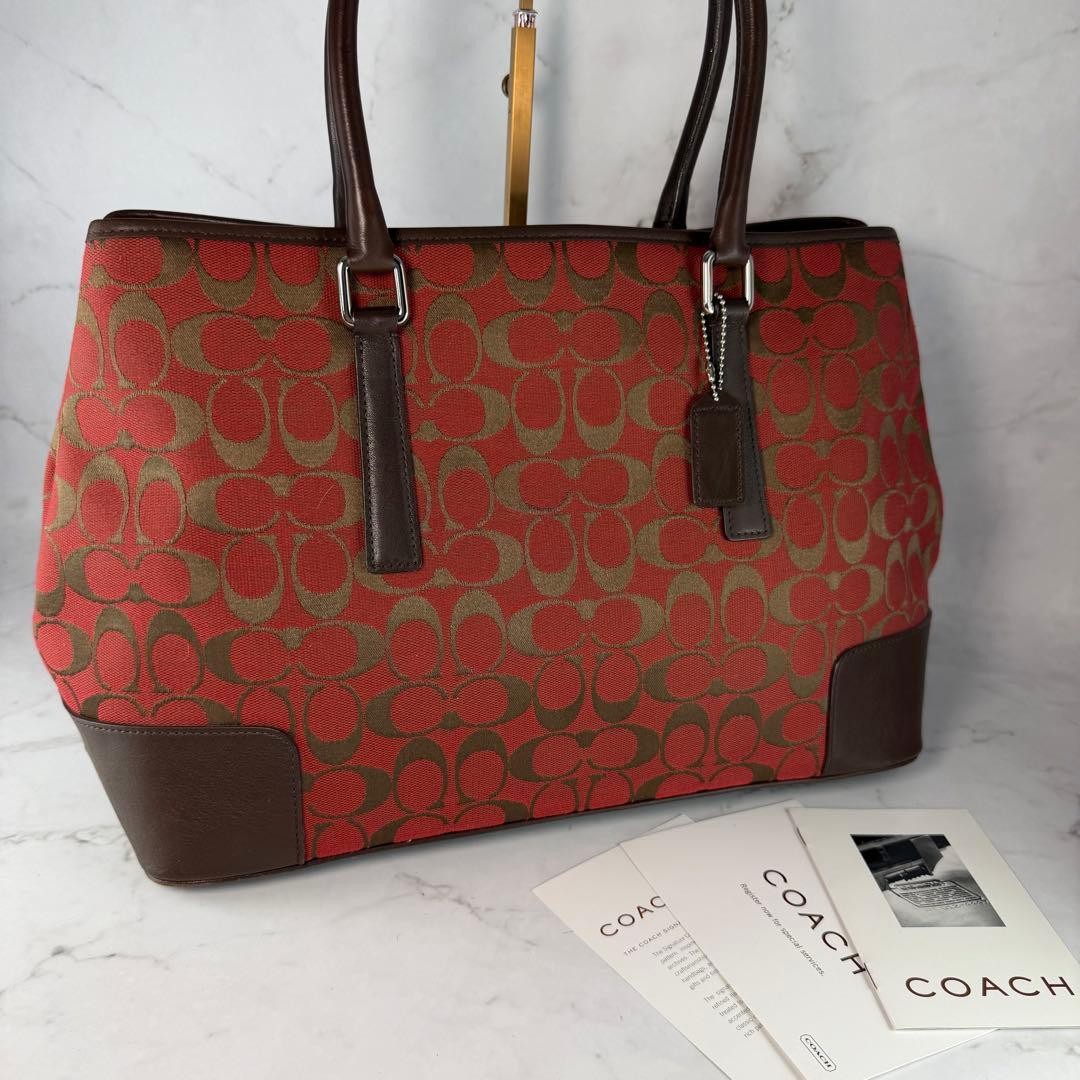 COACH 6086 Signature Tote Bag Red Canvas Leather A4 Large Shoulder Bag