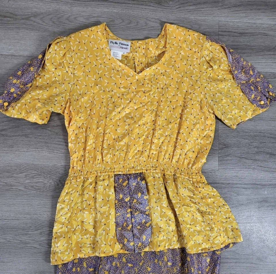 Vestido vintage Phyllis Pittman para mosaico con volantes en capas 100 % seda talla mediana Foto 4 de 4