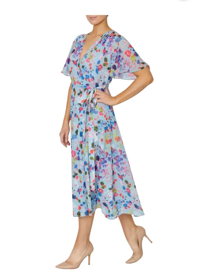anthea crawford floral haze wrap midi dress short sleeve lined size 10