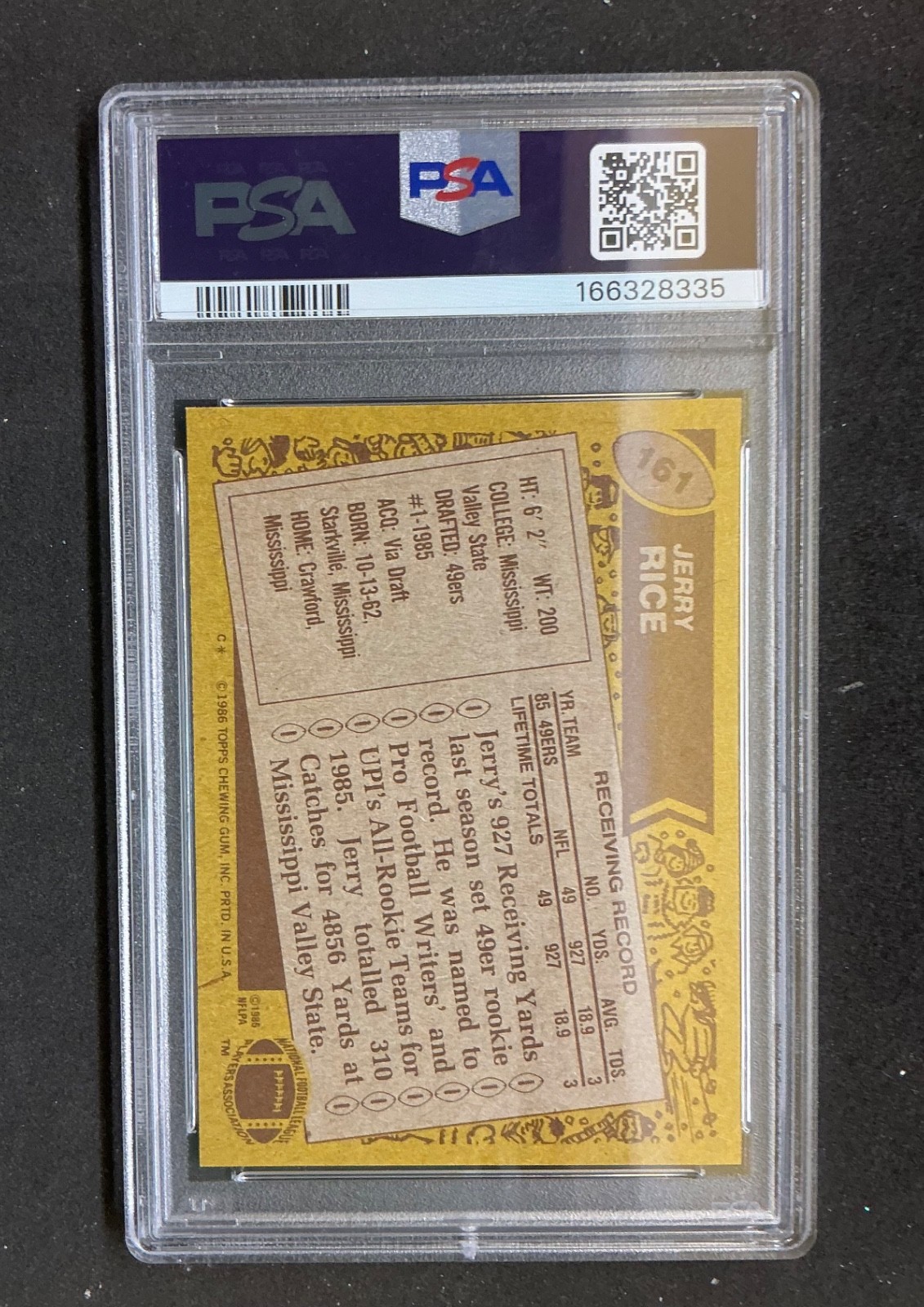 1986 Topps - Jerry Rice #161 C* on Copyright Line (RC) PSA 7 NM San Fran 49ERS view 2