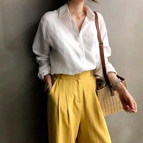 Mujeres Verano Lino Algodón Botones Blusa Prendas para el torso Informal Cuello Mangas Largas Camisa - Imagen 4 de 9