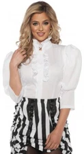 Victorian Blouse Ladies Wht High Neck Ruffled Front Puffed Sleeve Costume Blouse