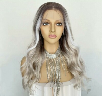 Brown Blonde Ombre Wig HD Front Lace Human Hair Blend Highlights  Wavy Curly
