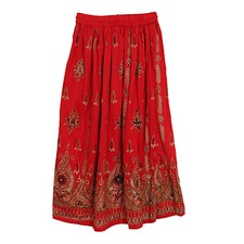 Indian Red Tie Crinkle,Long Boho Rayon Sequin Pull-On Elastic Waist Long Skirt