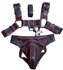 Mens Leather 'H' Bulldog HARNESS black RED adjustable straps,Jockstrap.Jock
