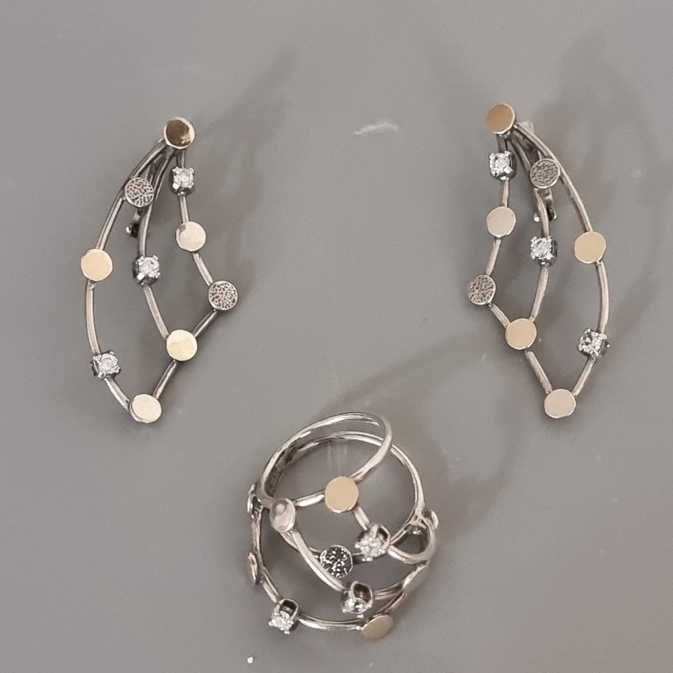 Neu Schmuck Set Ohrringe Ring Gr.18 Silber Modern Zirkonia