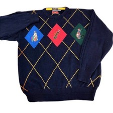 Vtg 90's Hathaway Multi-Color Hand Intarsia Knit Argyle Golfer Sweater Jumper L