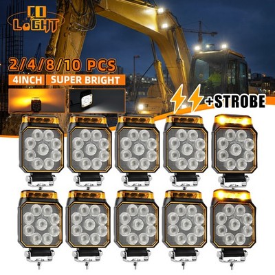 4'' LED Work Lights + Top Amber Marker Strobe For Excavator Truck Heavy Machinery