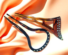 Vintage Set of 2 Art Deco Celluloid Faux Amber  Rhinestone Haircombs