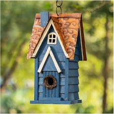 12" H Retro Blue Distressed Solid Wood Cottage Birdhouse Hanging Bird House f