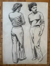 1940s Charcoal Pencil Academic Illustration Drawing Woman Portrait 23 x 17