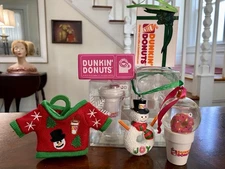 Lot of 6 Dunkin Donuts Christmas Ornaments Cup Snow Globe Snowman Sweater Boxes