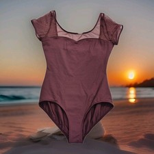 Womens Capezio Bodysuit MESH YOLK Short Sleeve Leotard Burgundy Maroon Dance