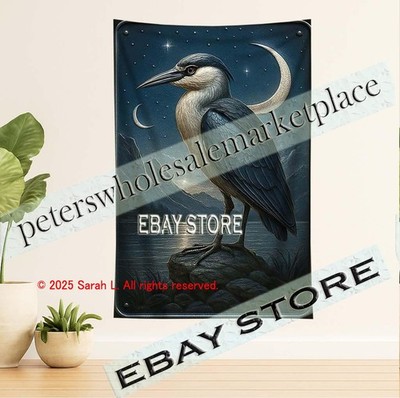 Heron Moon Tapestry 3D Effect Nature Art wildlife banner print 39X59 in