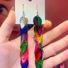 Sparkling long gold branches, jade leaves, colorful tassel earrings