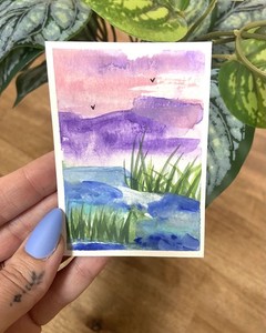 ACEO Original Art Miniature Card  River landscape Gouache  -Andrea baker