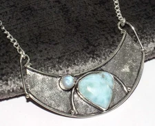 925 Silver Plated Classy Larimar Rainbow Moonstone Necklace Size 18" GW