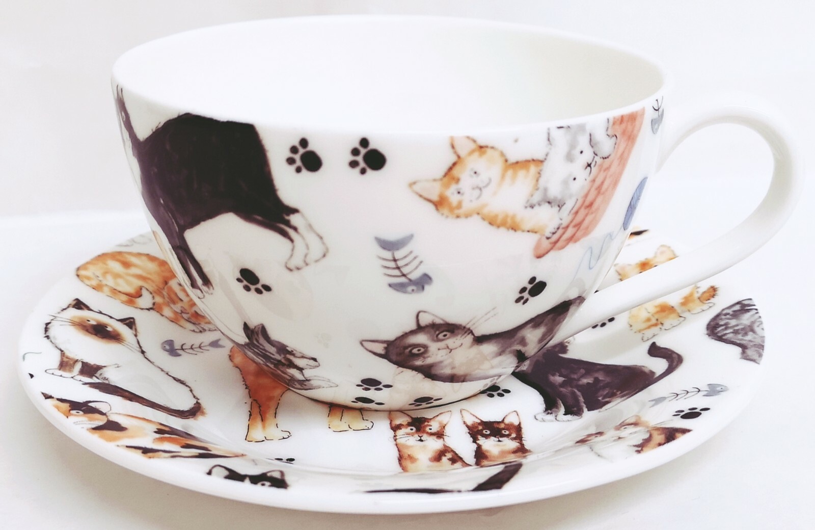 Cats Cup & Saucer Set Fine Bone China Cute 300ml Cappuccino Hand Decorated UK