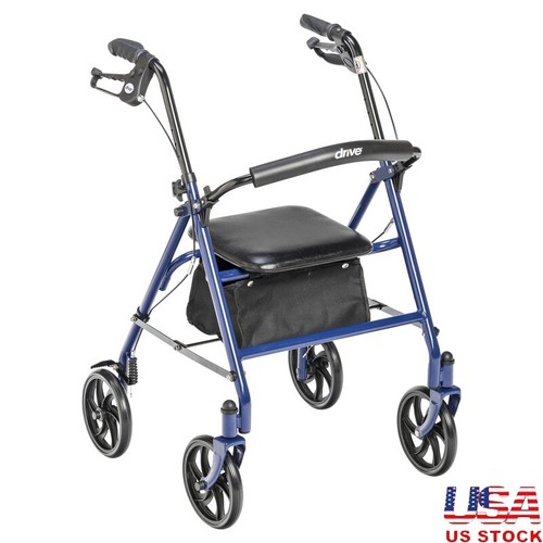 Foldable Steel Four Wheel Rollator Rolling Walker Removable Back Support Bule