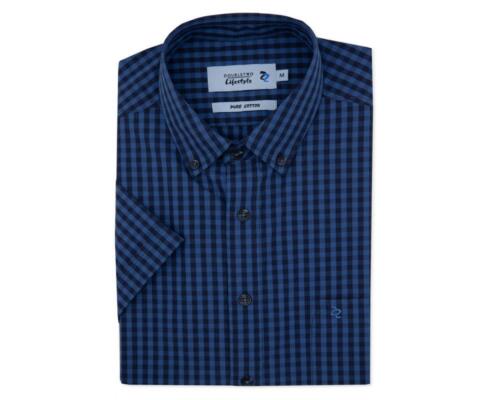 Double Two Mens Cotton Short Sleeve Gingham Check Shirt in Navy/Blue 2XL to 5XL - Picture 1 of 6