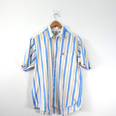VINTAGE Tom Tailor Shirt Mens Large Blue Striped Cotton Casual Classic Camp MOD