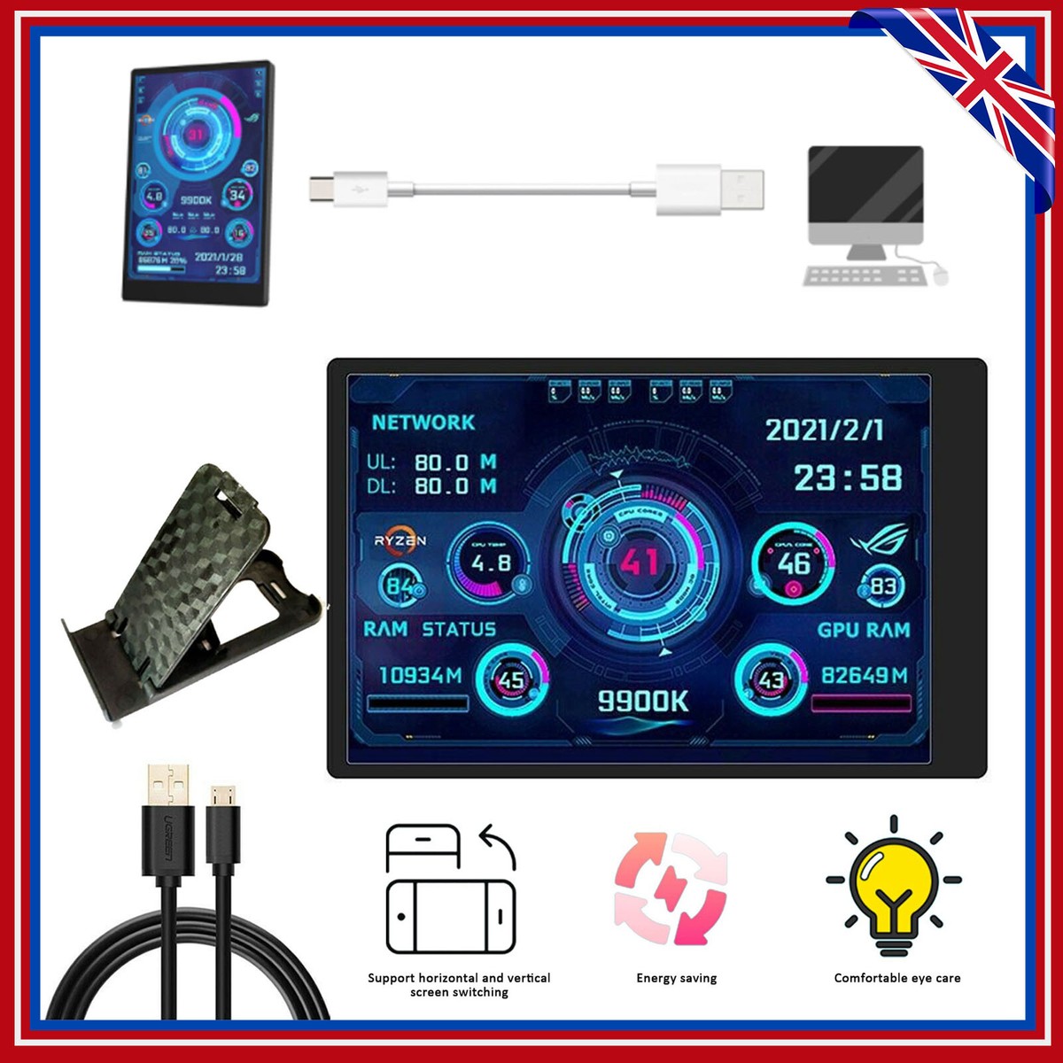 Mini Pc Rack Monitor Desktop Hardware Stats Monitor 3.5 Inch IPS LCD Mini PC Monitor – USB ...