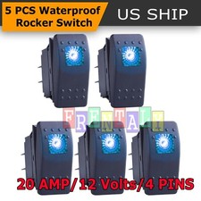 5 X Waterproof Marine Boat Car Rocker Switch 12v On-off 4 Pin Blue Led Light