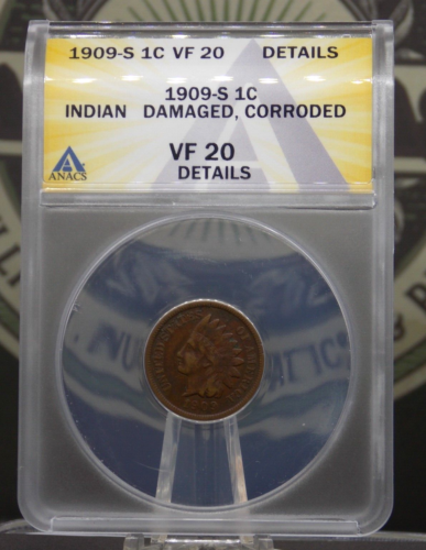 1909 "S" Indian Head Cent 1c ANACS VF20 Details #324 *KEY DATE* Very Fine ECC&C - Picture 3 of 5