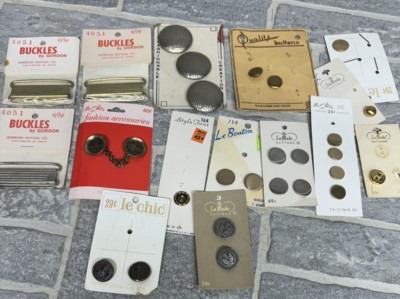 Huge Vintage Metal Buttons on Cards + Buckles Gold Silver Hammered Crest Shiny