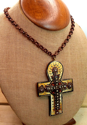 Vintage F.A.I.T.H. Multi-Tone Amber Rhinestone Cross Pendant Necklace 18-20''